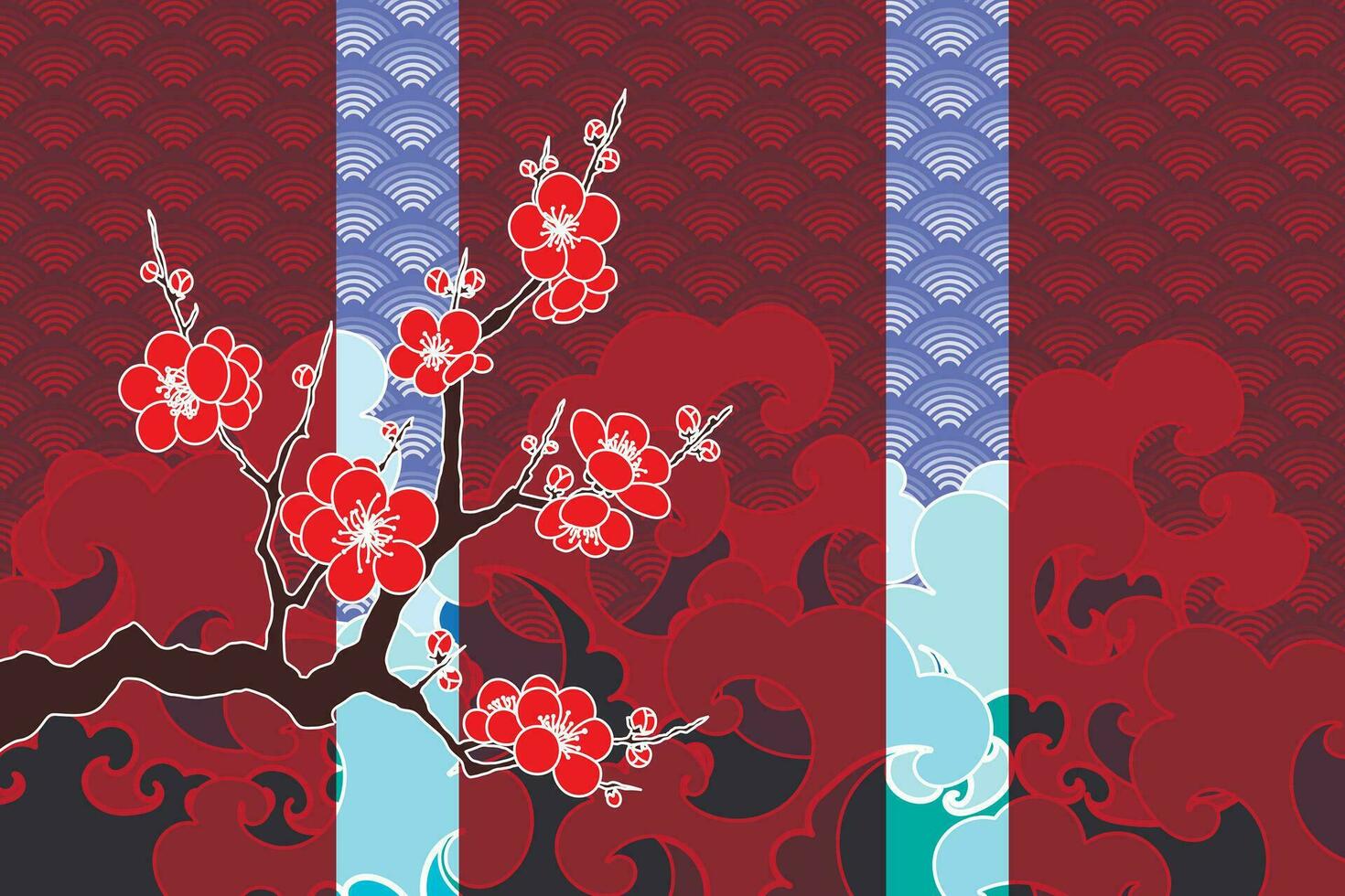 Illustration of the cherry blossoms flower on branch with wave background. vector