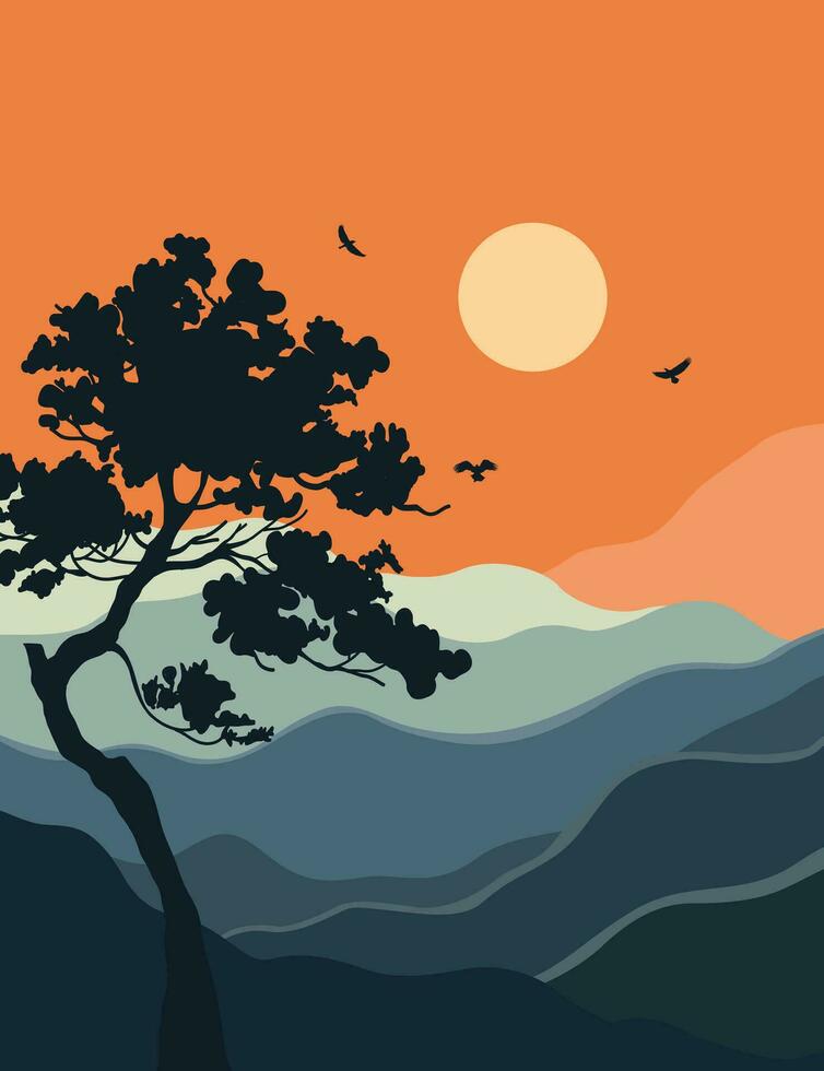 landscape background.wall art vector. Foliage line art drawing with abstract shape vector