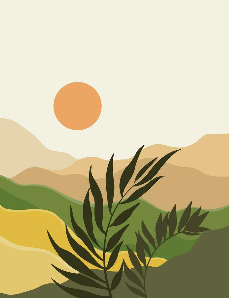 landscape background.wall art vector. Foliage line art drawing with abstract shape vector