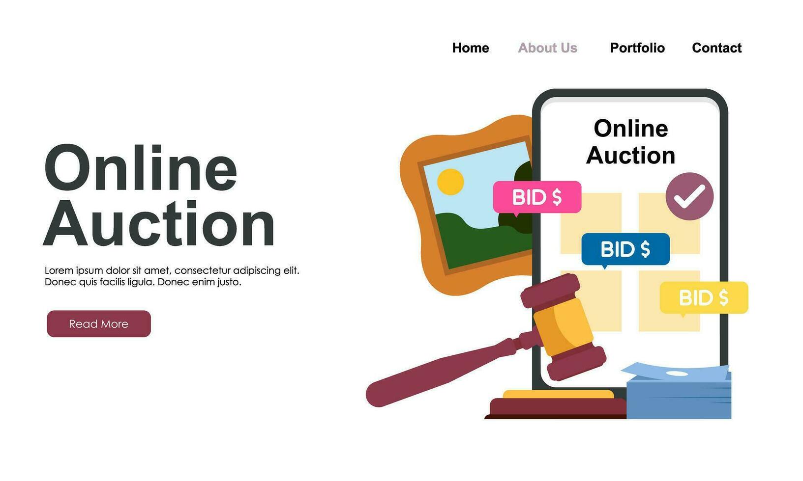 Bid and auction concept design landing page vector