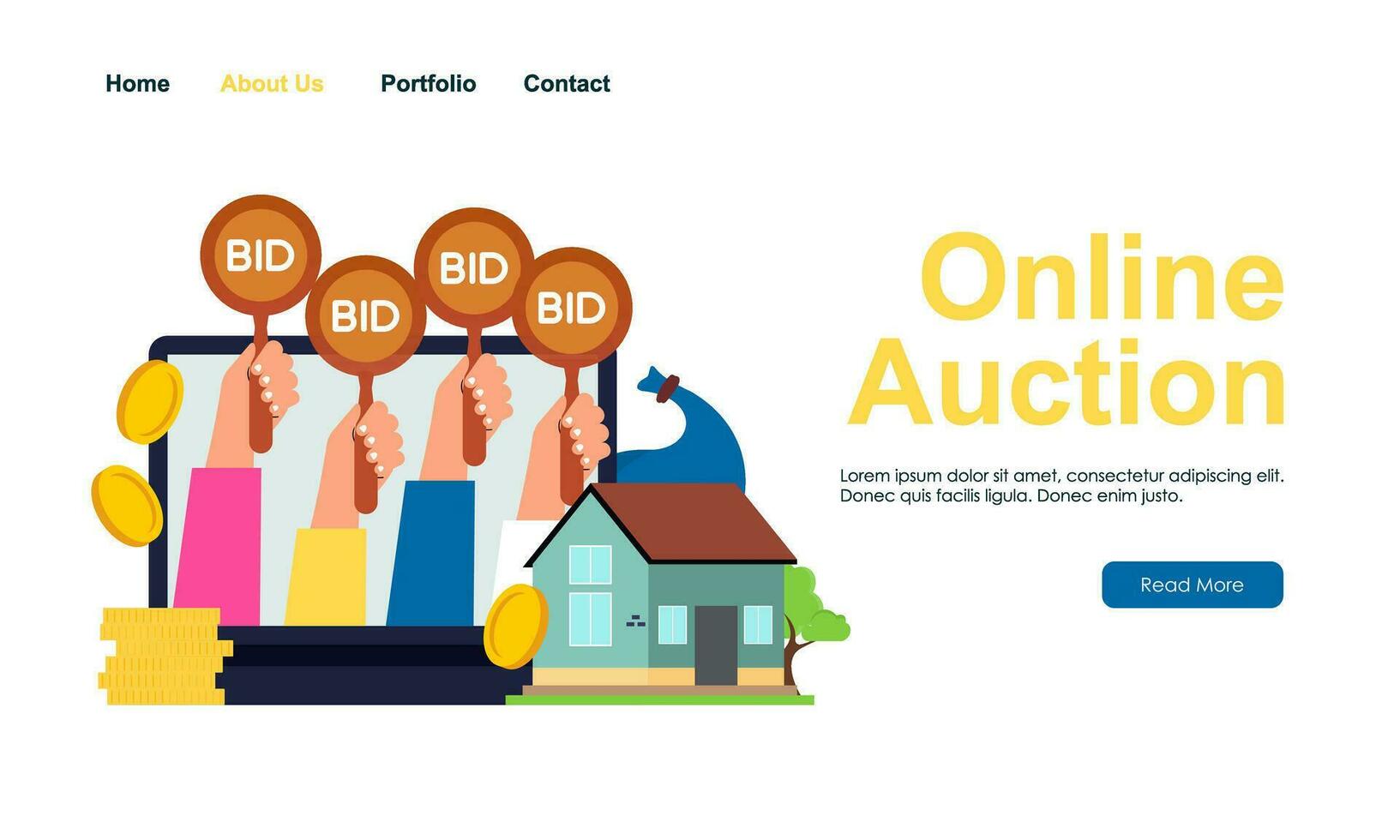Bid and auction concept design landing page vector