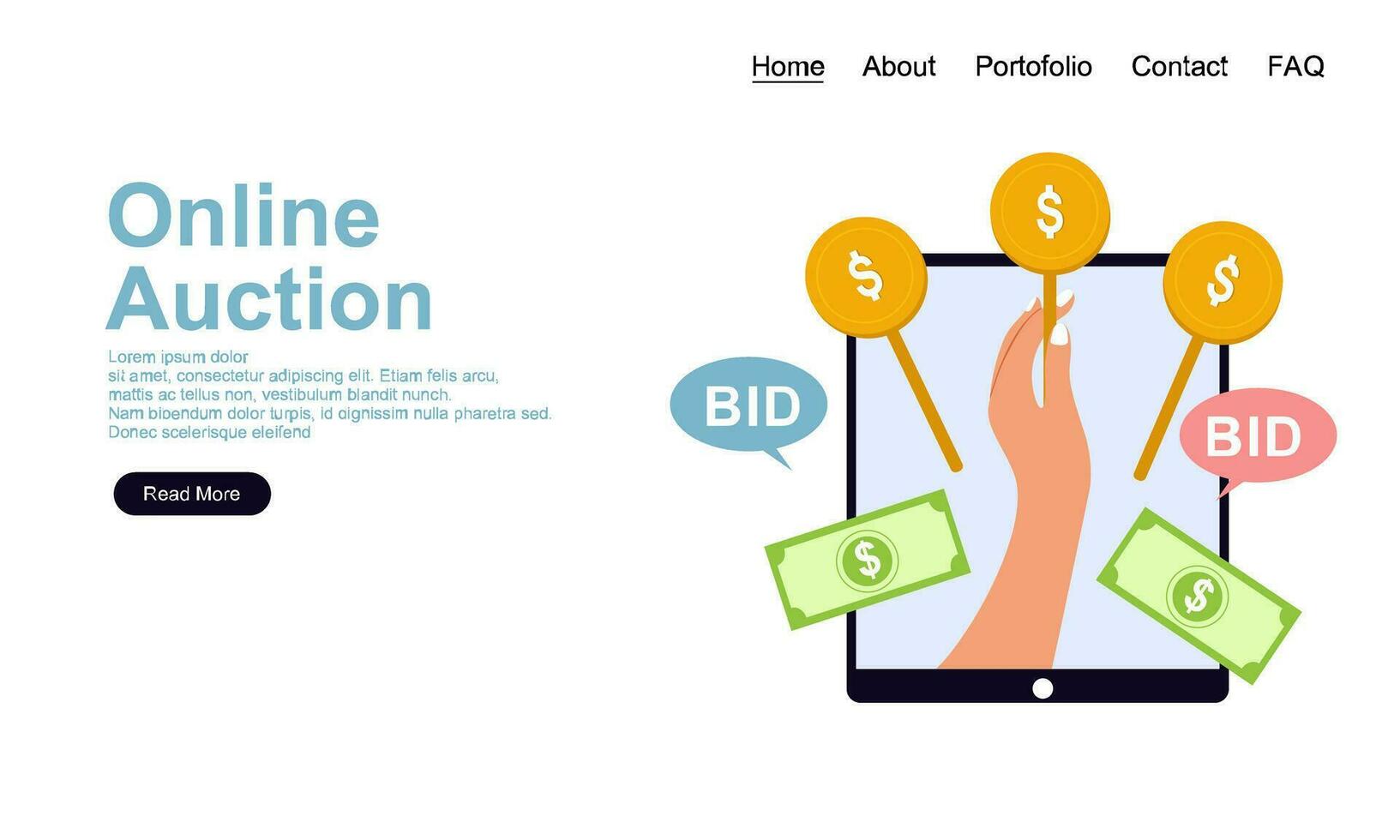 Bid and auction concept design landing page vector