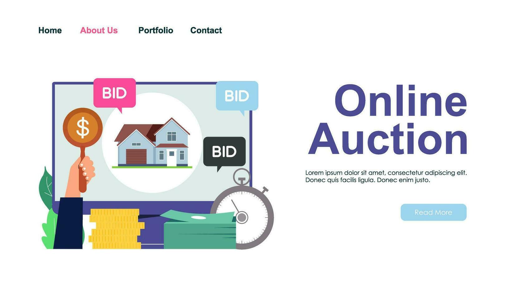 Bid and auction concept design landing page vector