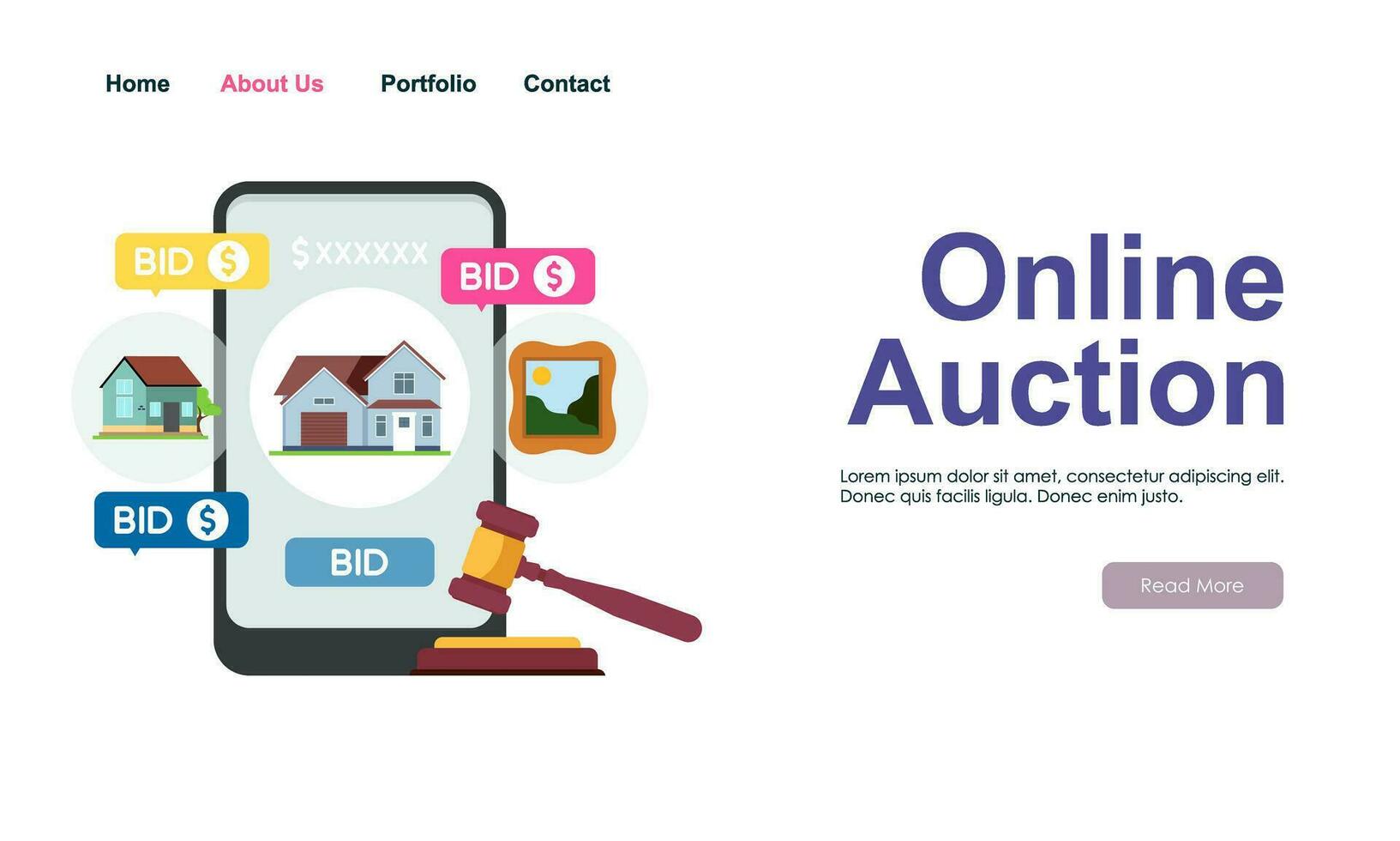 Bid and auction concept design landing page vector