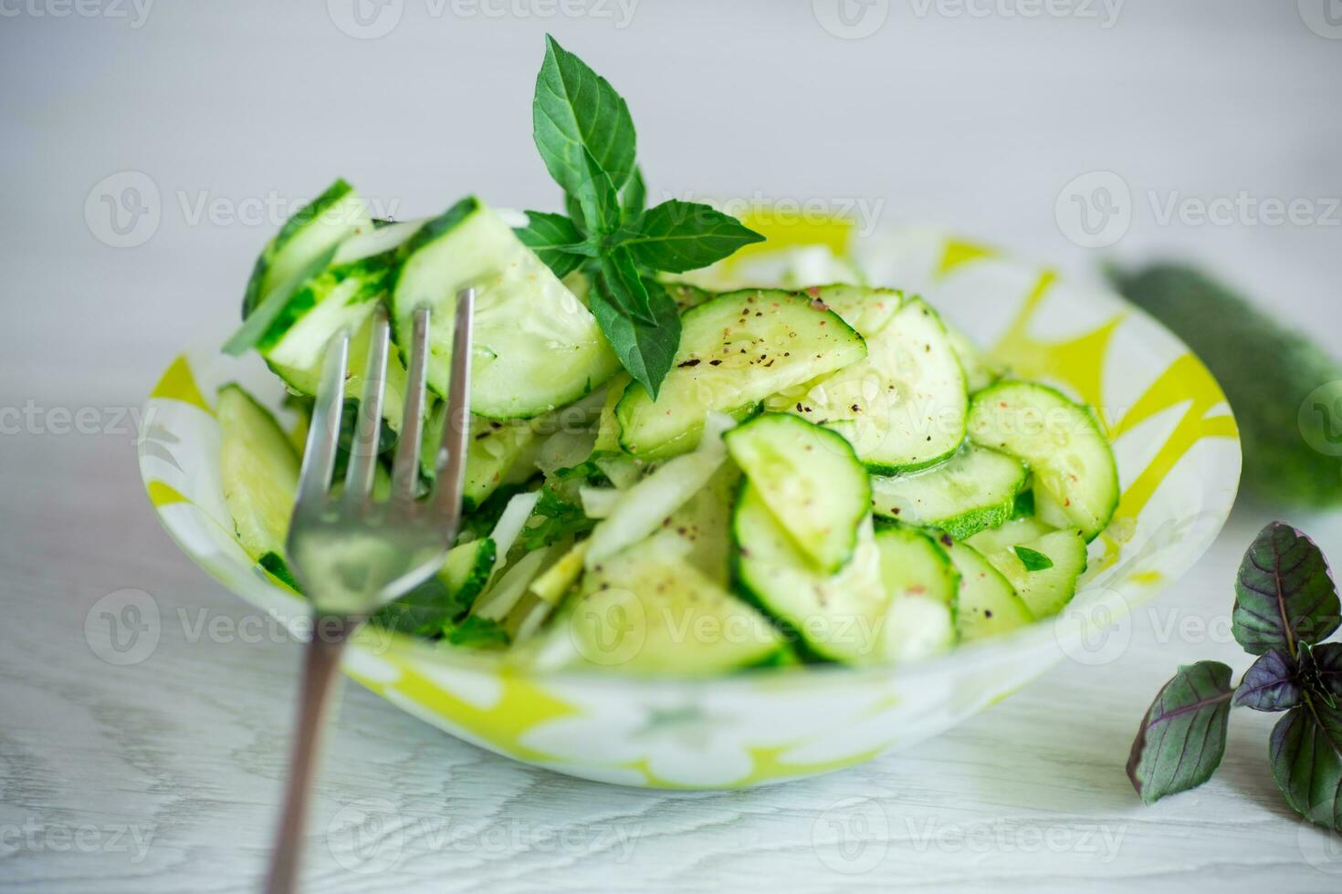 fresh organic cucumber salad with herbs and basil in a plate photo