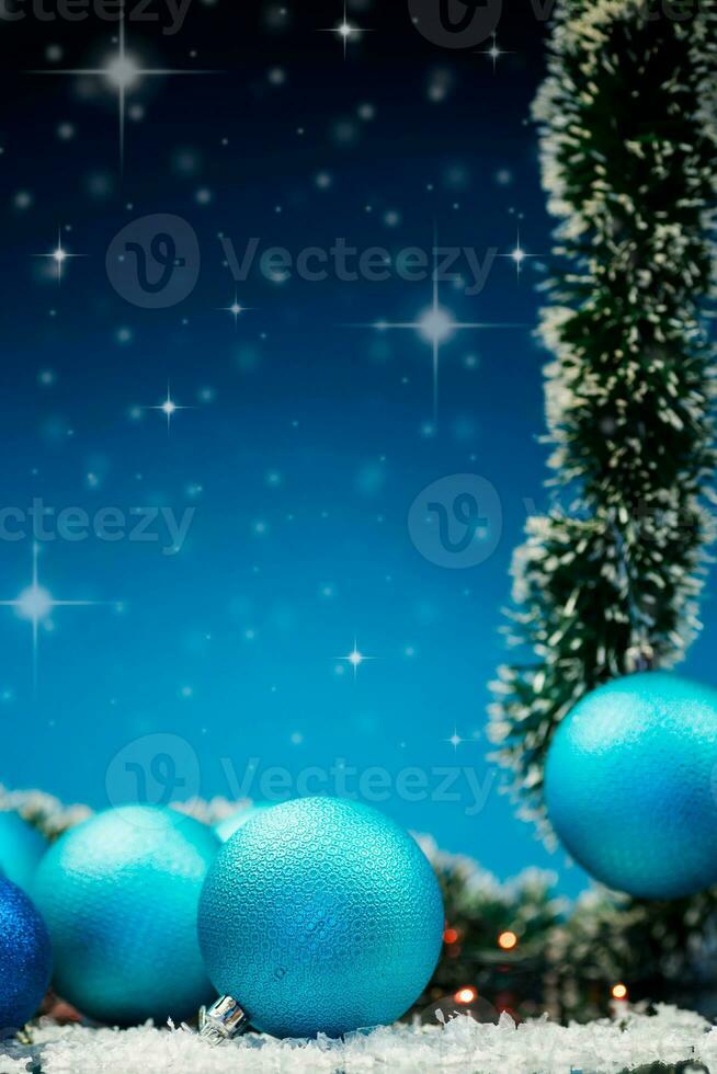 New Year's toys, decorations and other items on a blue abstract background. photo