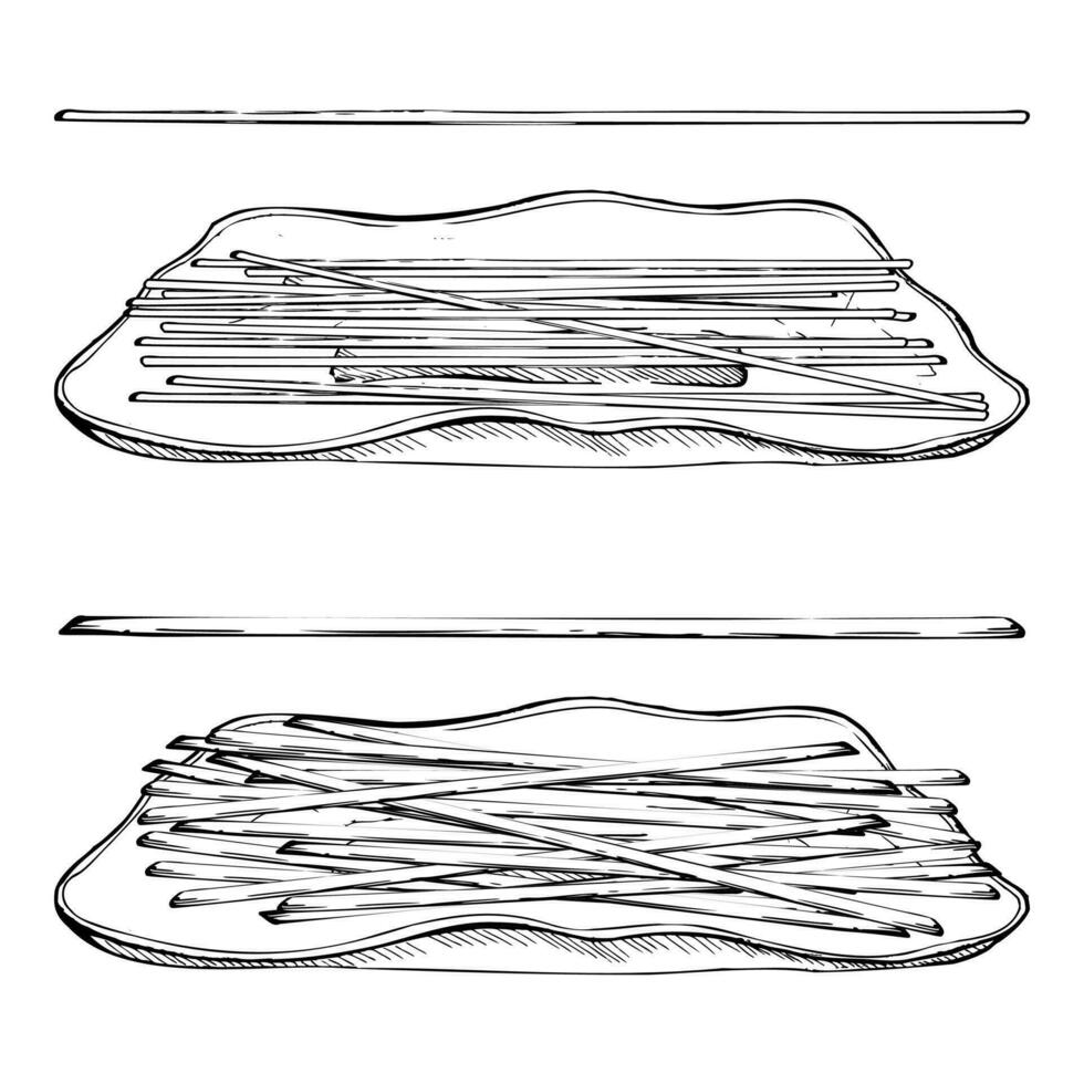 Hand drawn vector ink illustration. Long pasta Italian cuisine spaghetti vermicelli noodles in bowl. Single object element isolated on white. For restaurant, menu, food shop and package, flyer, print.