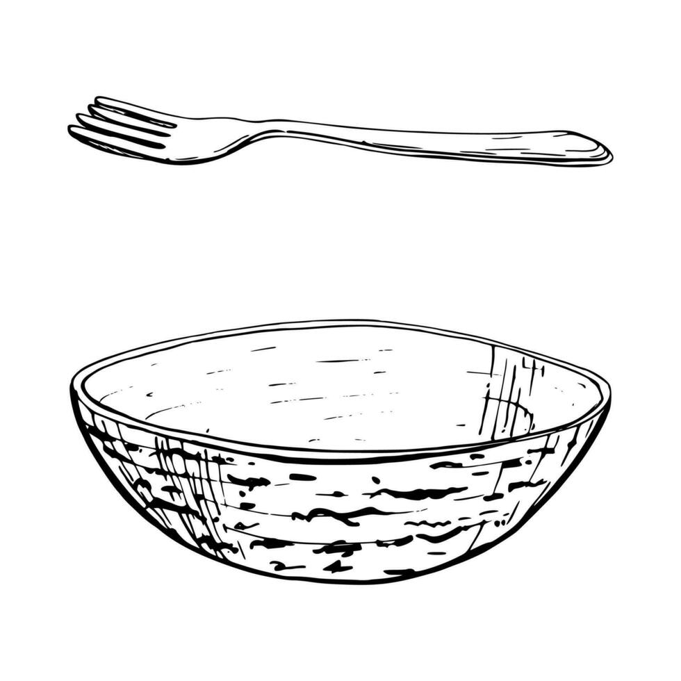 Hand drawn vector ink illustration. Kitchenware dishes utensils fork and bowl plate crockery ceramics. Single object element isolated on white. Restaurant, menu, food shop and package, flyer, print.