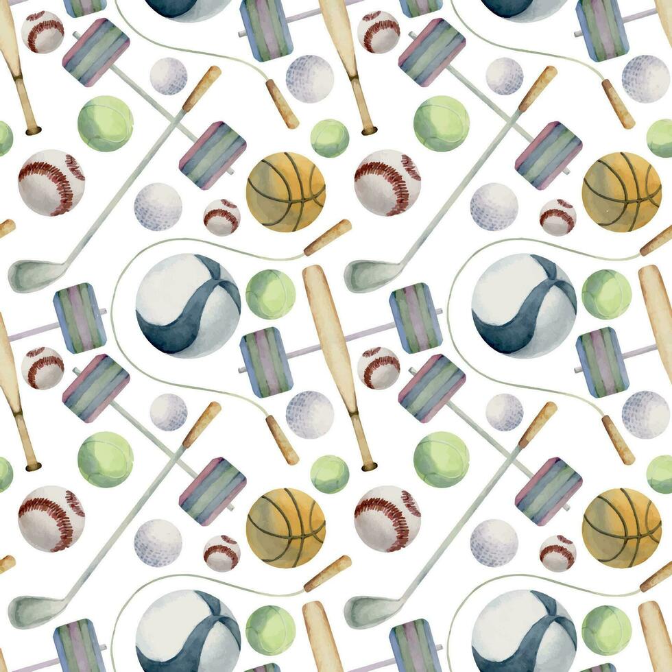 Hand drawn watercolor mix sports gear equipment for training and exercise, health fitness lifestyle. Illustration isolated seamless pattern white background. Design poster, print, website, card, shop vector