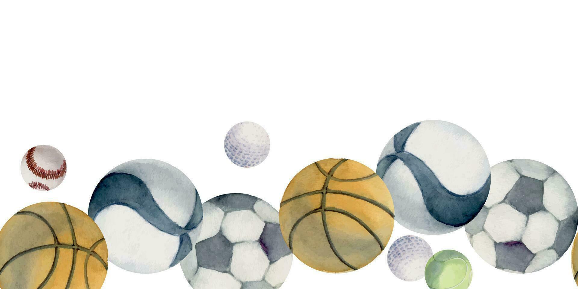Hand drawn watercolor sports gear equipment, mix of balls for game practice, health fitness lifestyle. Illustration isolated seamless border white background. Design poster, print, website, card, shop vector