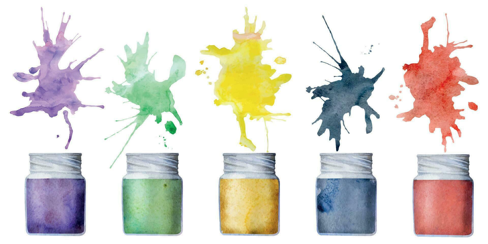 Watercolor hand drawn illustration, kids children painting materials supplies, gouache acrylic ink bottles, splashes. Composition isolated on white. School, kindergarten, party, cards, website, shop vector