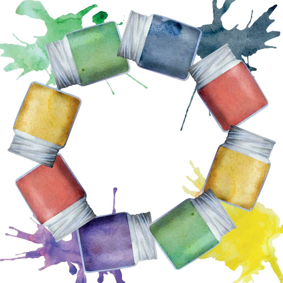 Watercolor hand drawn illustration, kids children painting materials supplies, gouache acrylic ink bottles splashes. Wreath frame isolated on white. School, kindergarten, party, cards, website, shop vector