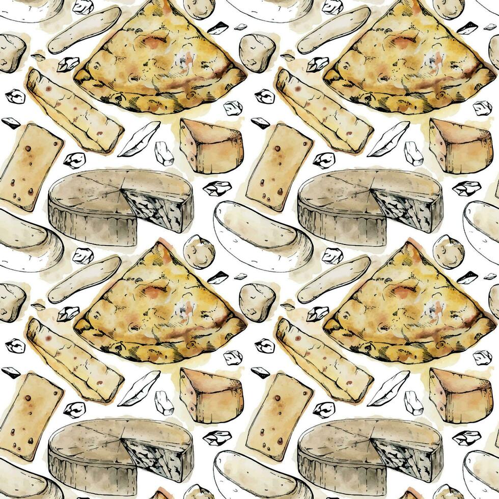 Hand drawn watercolor ink illustration. Quattro formaggi four cheeses pizza slice, Italian cuisine. Seamless pattern isolated on white. Design restaurant menu, cafe, food shop or package, flyer print. vector