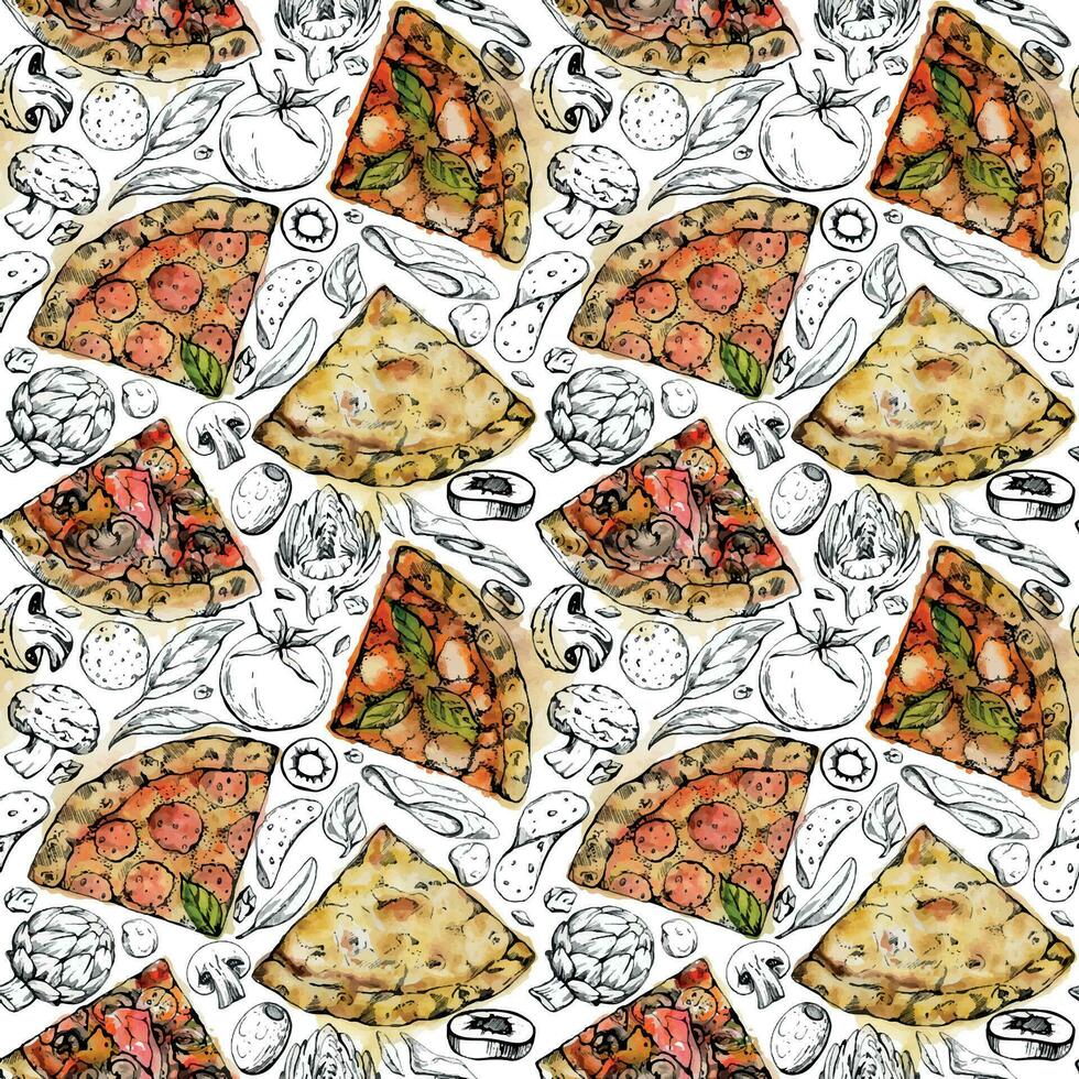 mano dibujado acuarela tinta ilustración. Pizza rebanada con coberturas, tradicional italiano cocina comida. sin costura modelo aislado en blanco. diseño restaurante menú, cafetería, comida tienda paquete, volantes, impresión. vector