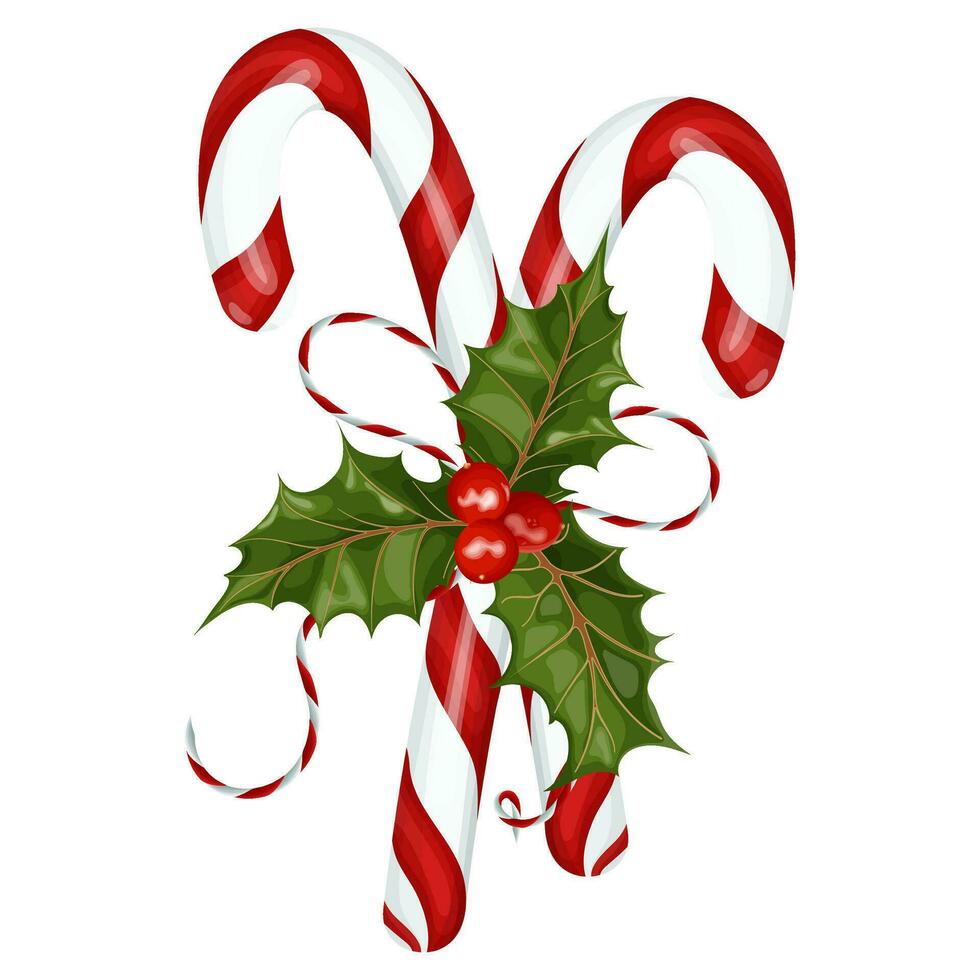Christmas decor. A bouquet of candy canes and holly, tied with a bow of colorful lace. Stock vector illustration on a white background.