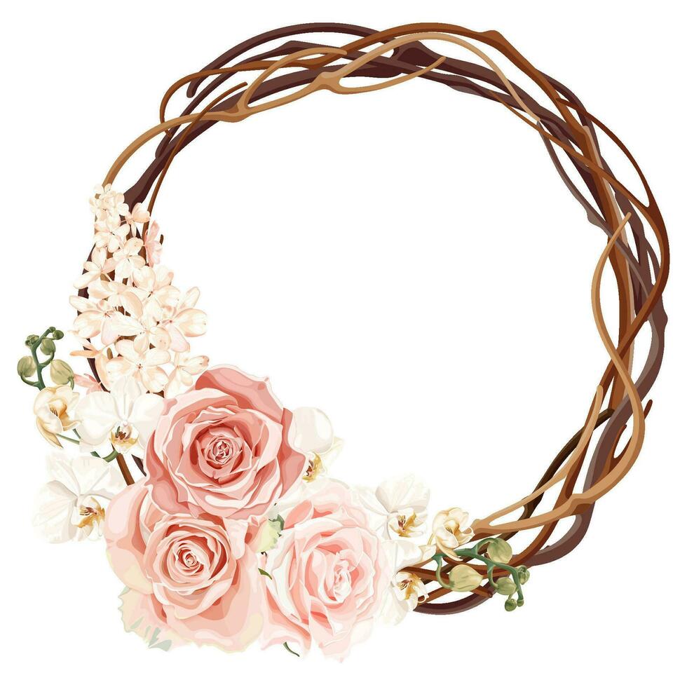 Boho, bohemian vine wreath with white phalaenopsis orchid, rose and hydrangea flowers. Wedding floristry. vector