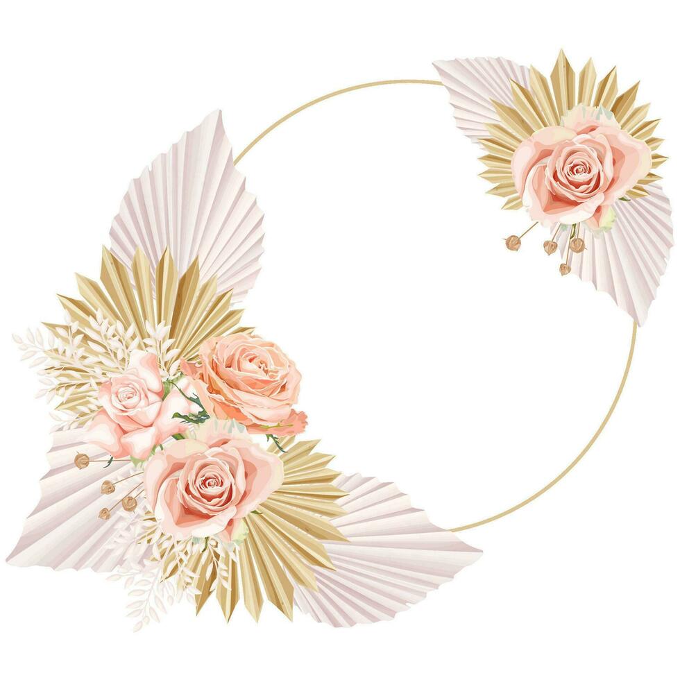 Boho, bohemian wreath with pink rose flowers, palm leaves and dry plants. Wedding floristry. vector