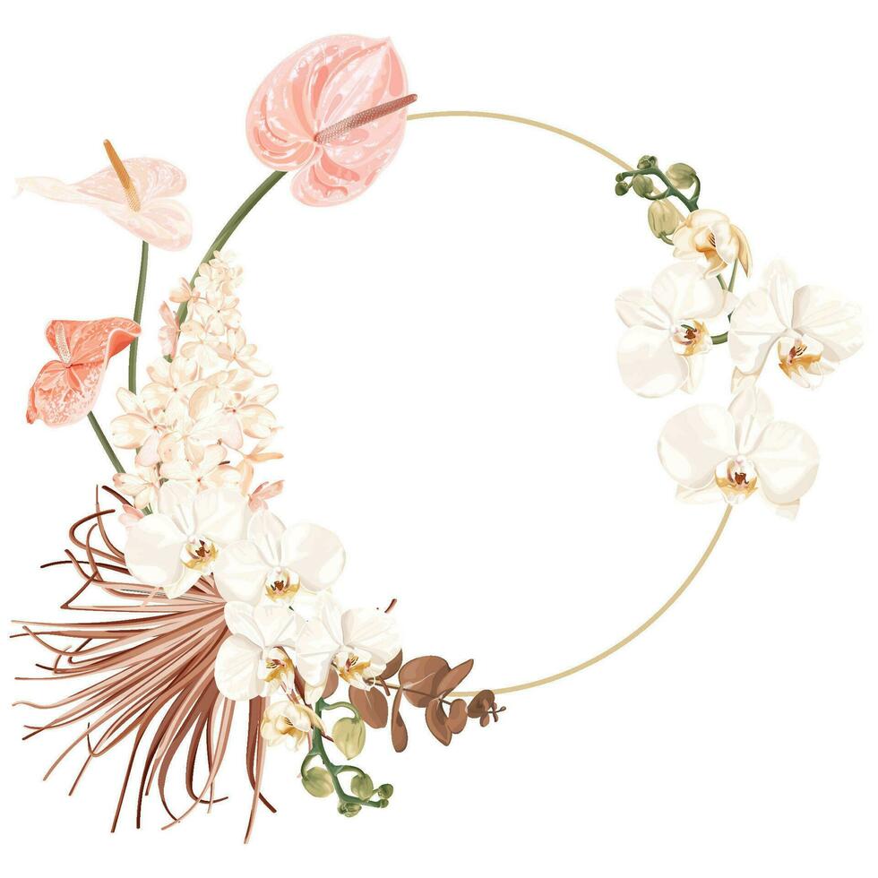 Boho, bohemian wreath with white phalaenopsis orchid flowers, anthurium, hydrangea, palm leaves, eucalyptus. vector