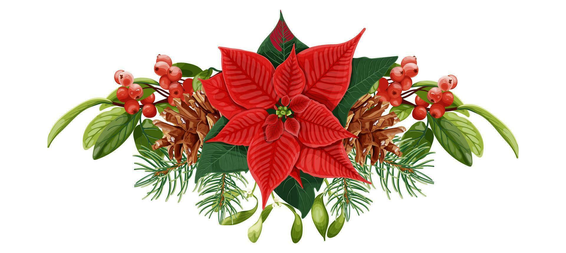 Christmas decor. Bouquet with red poinsettia flower, mistletoe, berries and fir tree. vector