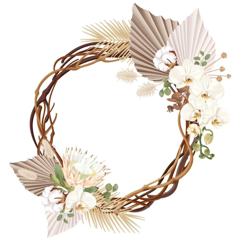 Boho, bohemian vine wreath with white phalaenopsis orchid, protea and cotton flowers, palm and eucalyptus leaves. vector