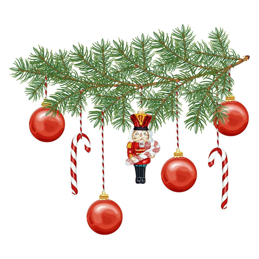 Christmas decoration. A Christmas tree branch decorated with toys, a red ball, a candy cane and a nutcracker. vector