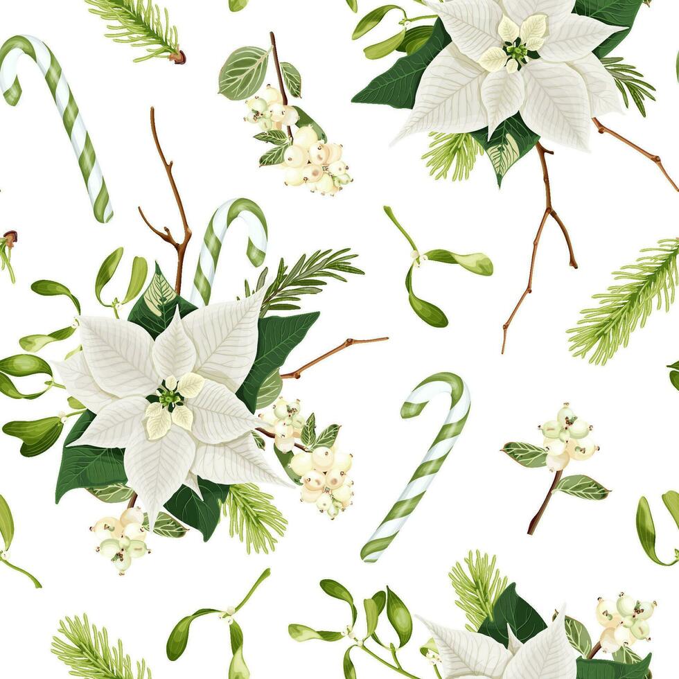 Christmas seamless pattern with white poinsettia flowers, rosemary, snowberry, candy canes, fir branches and mistletoe. vector