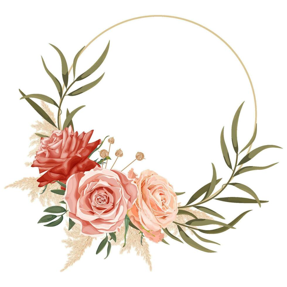 Boho, bohemian wreath with rose flowers, reeds, green leaves and dry plants. Wedding floristry. vector