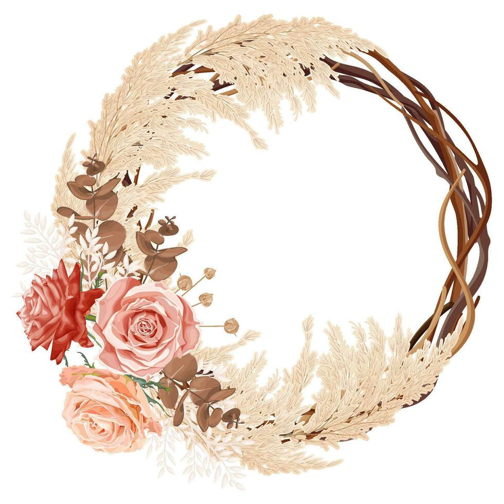 Boho, bohemian vine wreath with rose flowers, eucalyptus, reeds, dry plants. Wedding floristry. vector