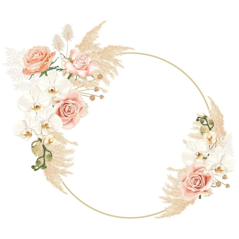 Boho, bohemian wreath with white phalaenopsis orchid flowers, pink rose, reeds and dry plants. Wedding floristry. vector