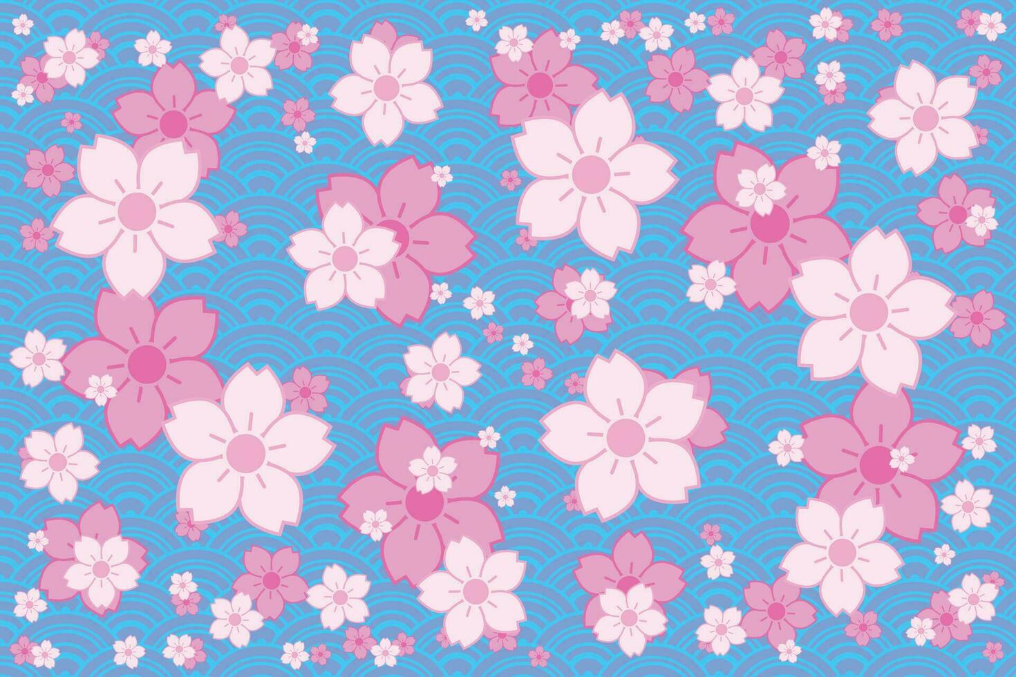 Illustration, Pattern of pink cherry blossom flower on japan wave background. vector