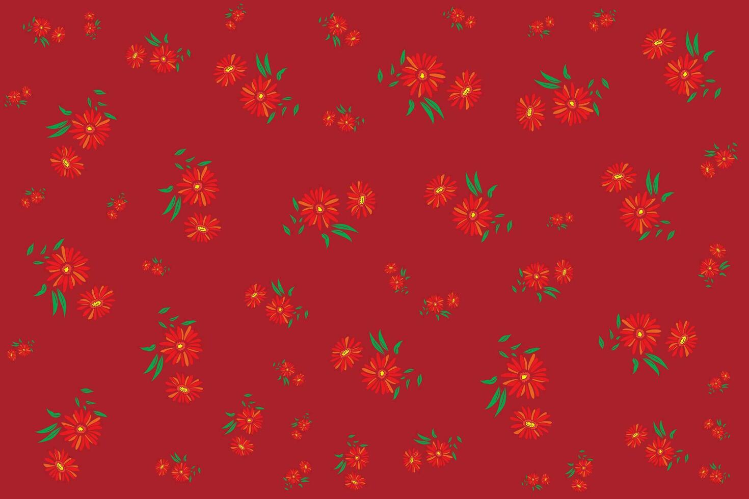 Illustration Pattern of the red flower with leaves on dark red background. vector