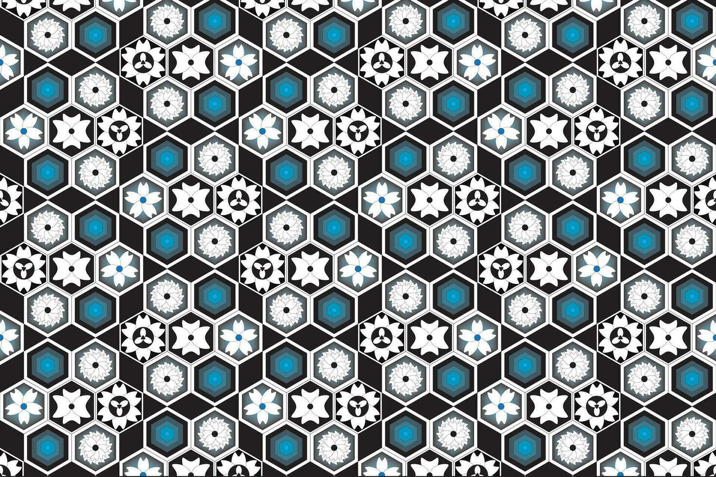 Illustration, Abstract flower and hexagon on black background. vector