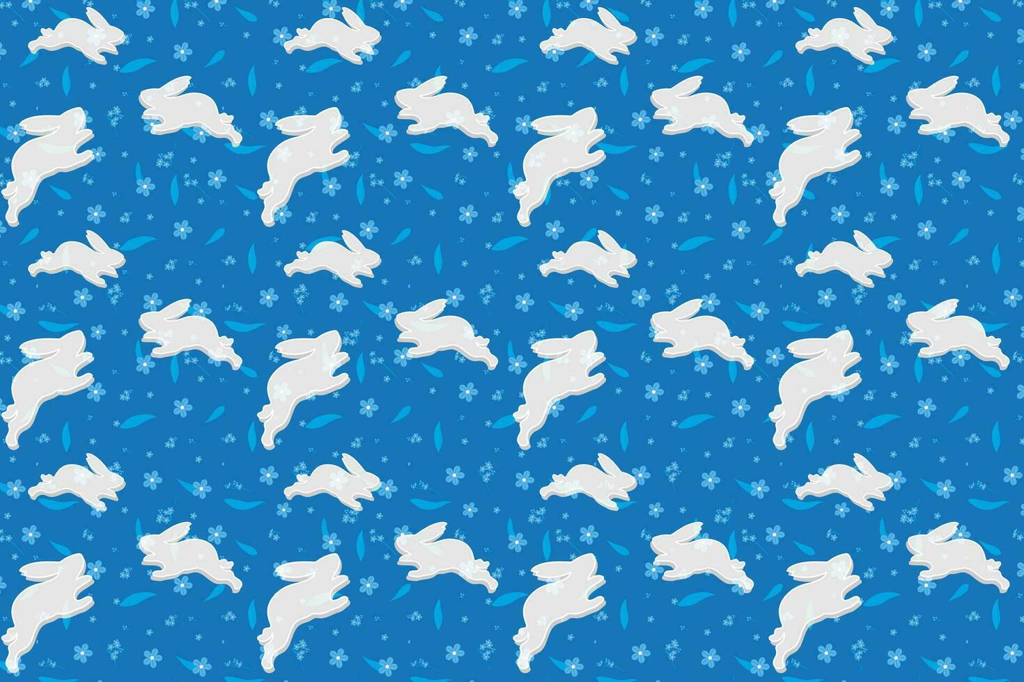 Illustration, pattern of the rabbit on blue flower and leaves on blue background. vector