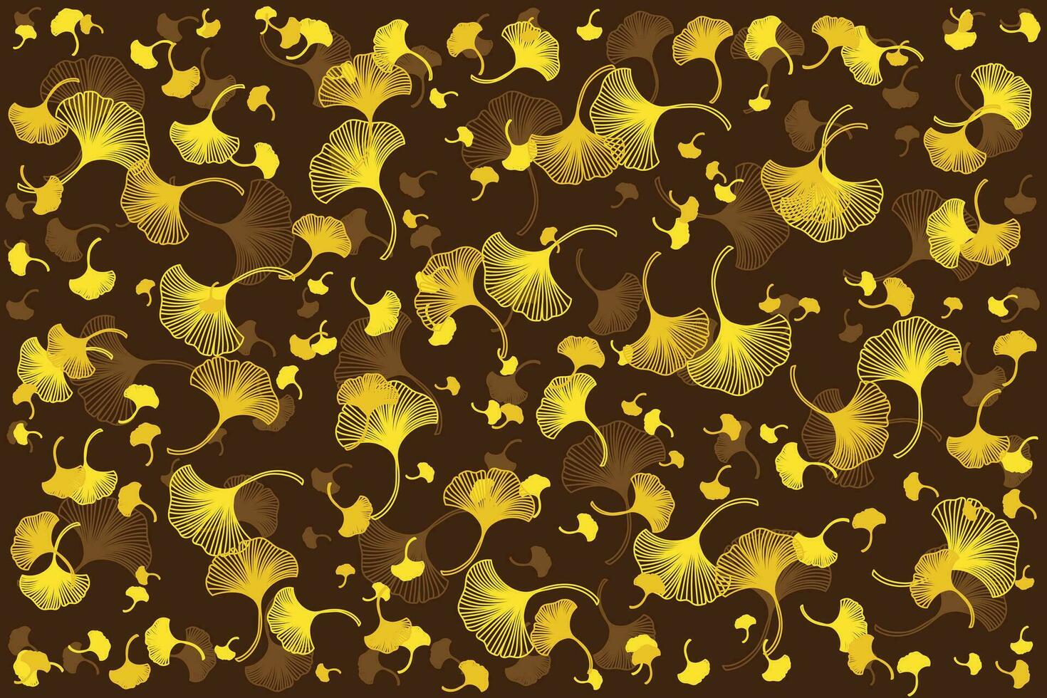 Illustration, Abstract line of Ginkgo biloba leaves on dark brown background. vector