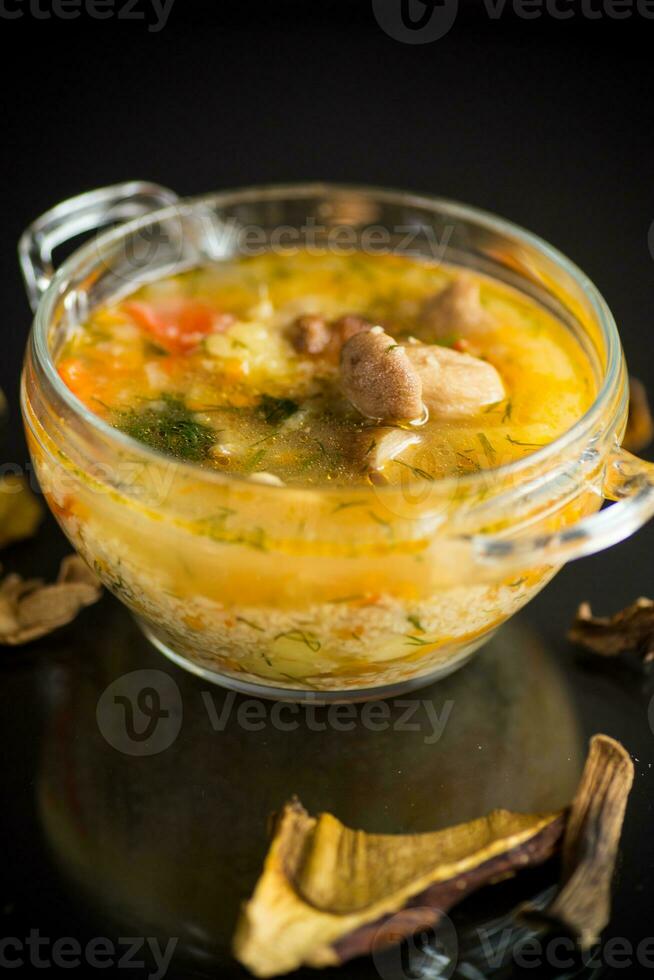 vegetarian vegetable soup with porcini mushrooms in a glass bowl photo