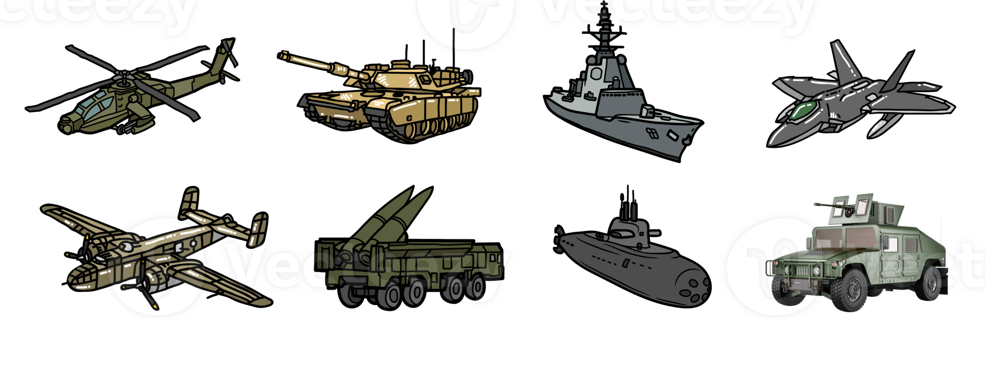 Military combat vehicles, transportation, and machine icon set. Artwork depicts army armored vehicle, tank, missile truck, bomber, attack helicopter, jet fighter, warship, and submarine. png