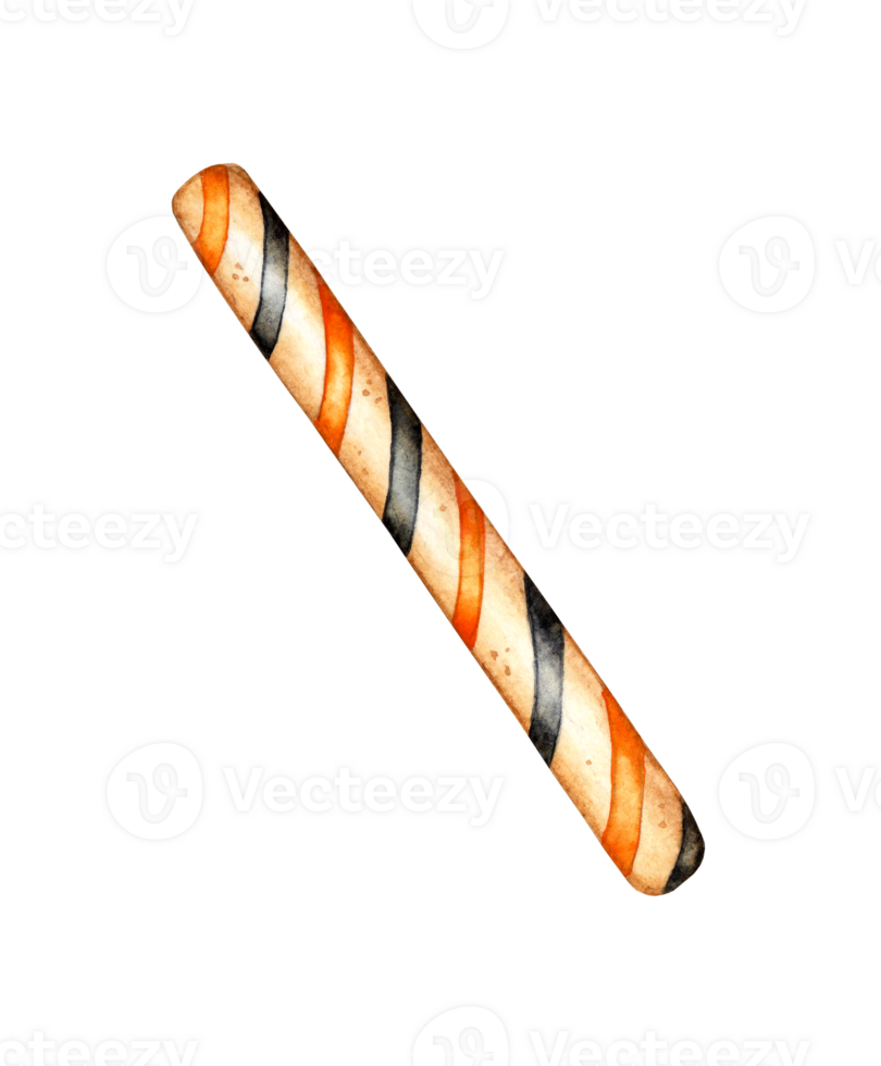 Watercolor illustration of a candy stick with orange and black stripes, a popular dessert during Halloween celebrations, isolated. Design concept for poster, card, banner, clothing, wallpaper, png