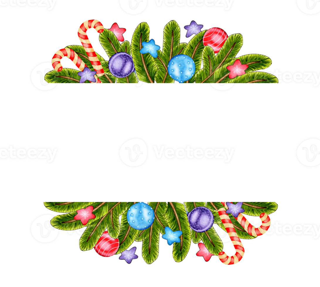 Watercolor illustration of a Christmas wreath border made of fir branches, Christmas balls, stars and candy canes. Isolated. Colorful decorative element for cards, congratulations, invitations png