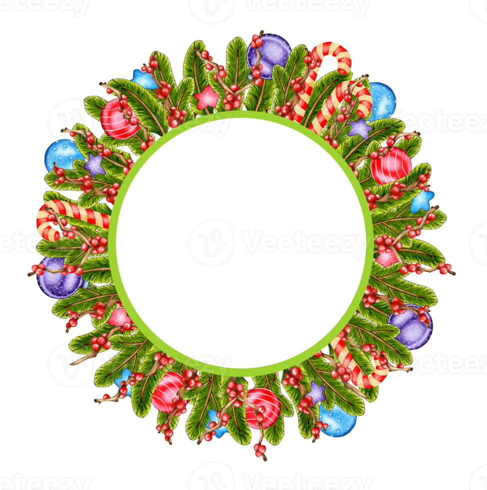 Watercolor illustration of a Christmas wreath made of fir branches, New Year's balls, stars, candy cane and red berries. Isolated. Colorful decorative element for cards, congratulations, invitations png