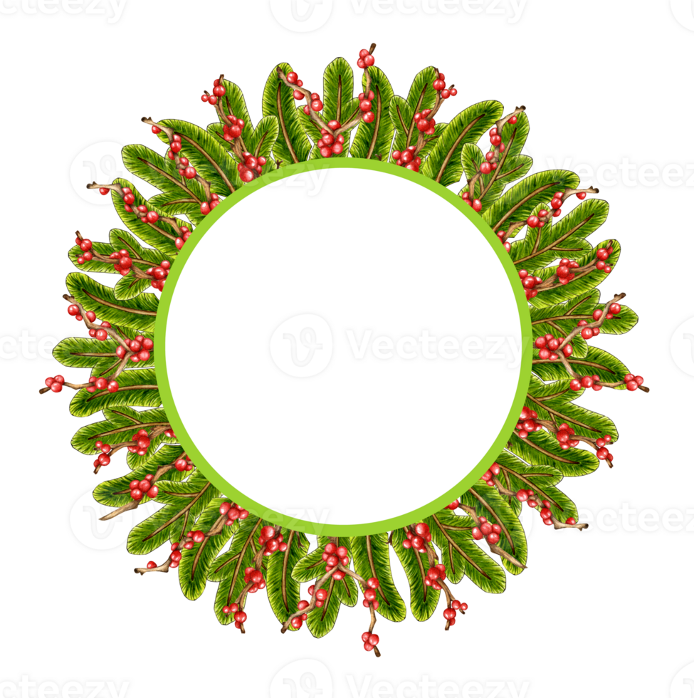 Watercolor illustration of a Christmas wreath made of fir branches and branches with red berries. Isolated. Colorful decorative element for cards, congratulations, invitations png