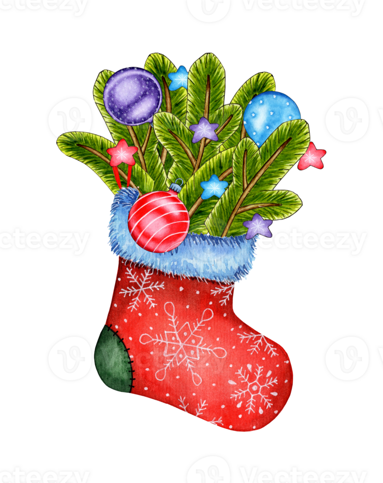 Watercolor illustration of a boot with fir branches and New Year decorations, stars. Isolated. Ideal for greeting cards, flyers, brochures, Merry Christmas and Happy New Year packaging. png
