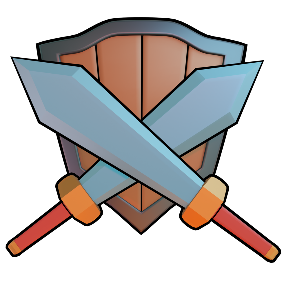 3D render of cartoon shield and sword. png