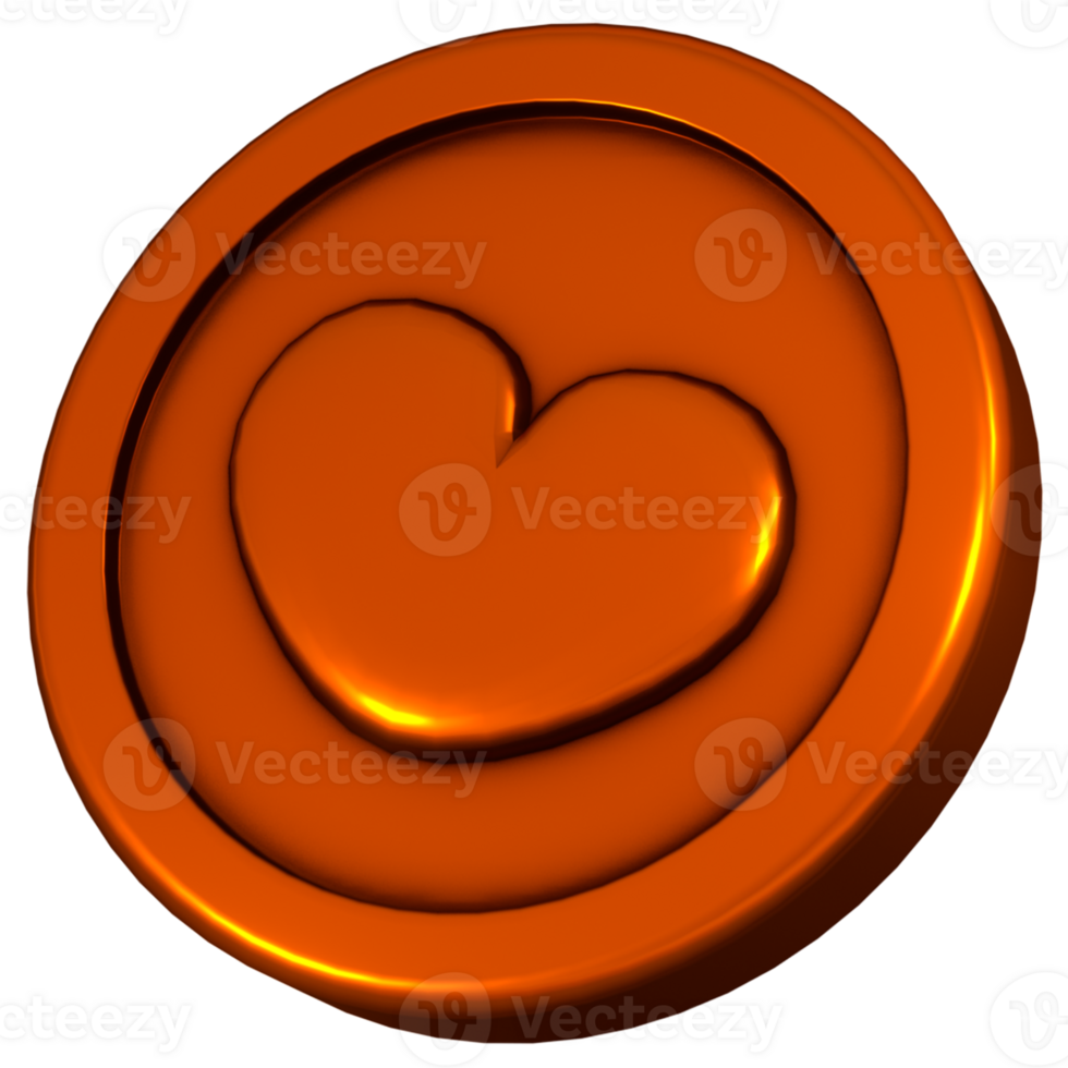 3D render of a bronze coin with a heart image. png