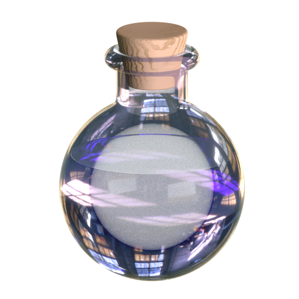 3D render of a round transparent bottle filled with purple liquid. png