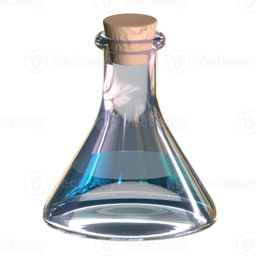 3D render of a laboratory bottle containing blue liquid. png