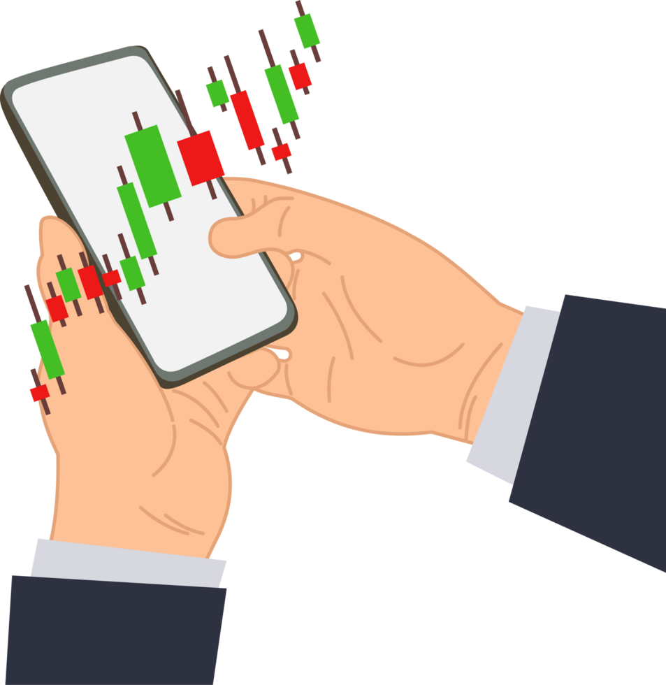 homme d'affaire vérification Stock marché graphique graphique dans une téléphone intelligent png