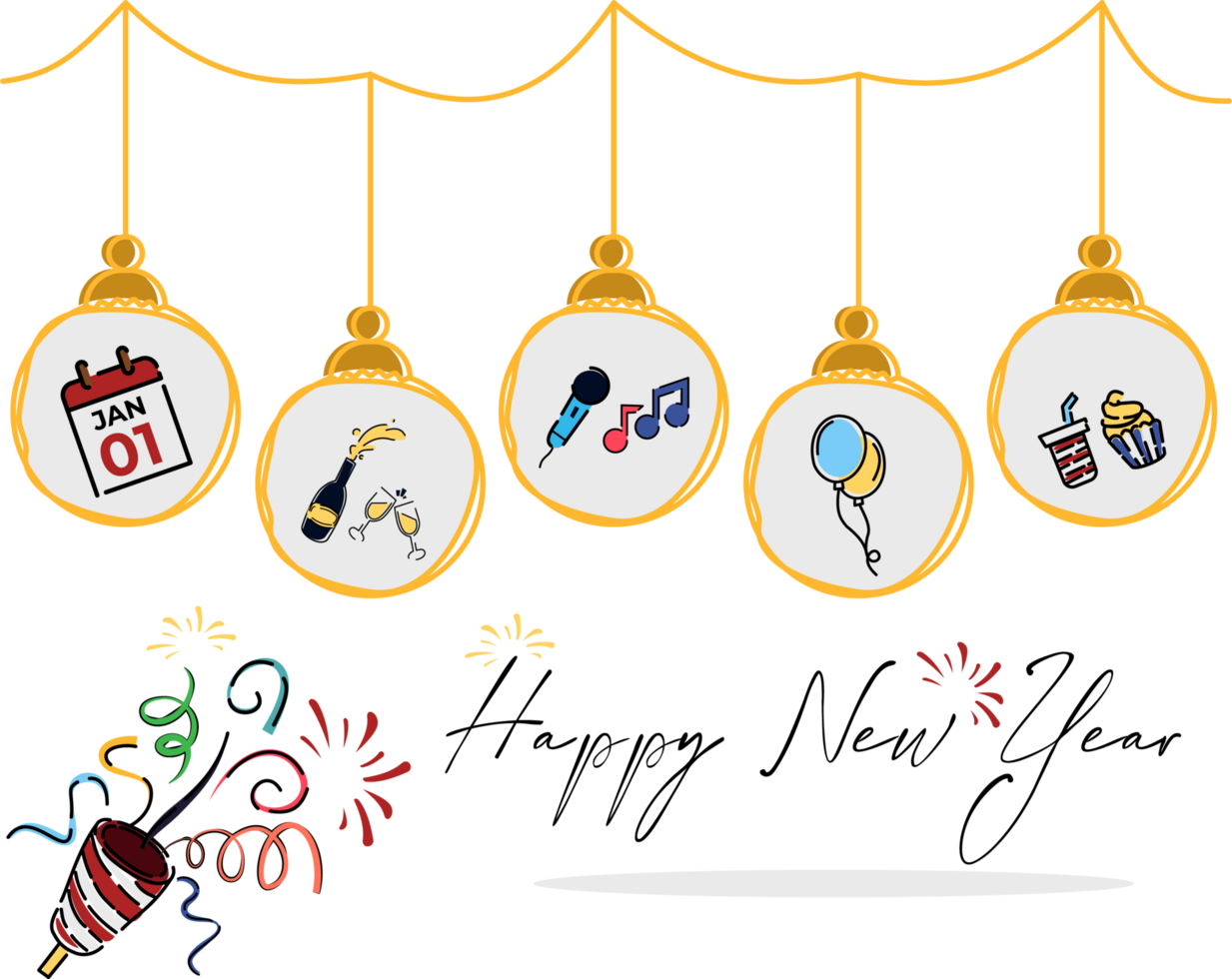 happy new year background with hanging ball decoration png