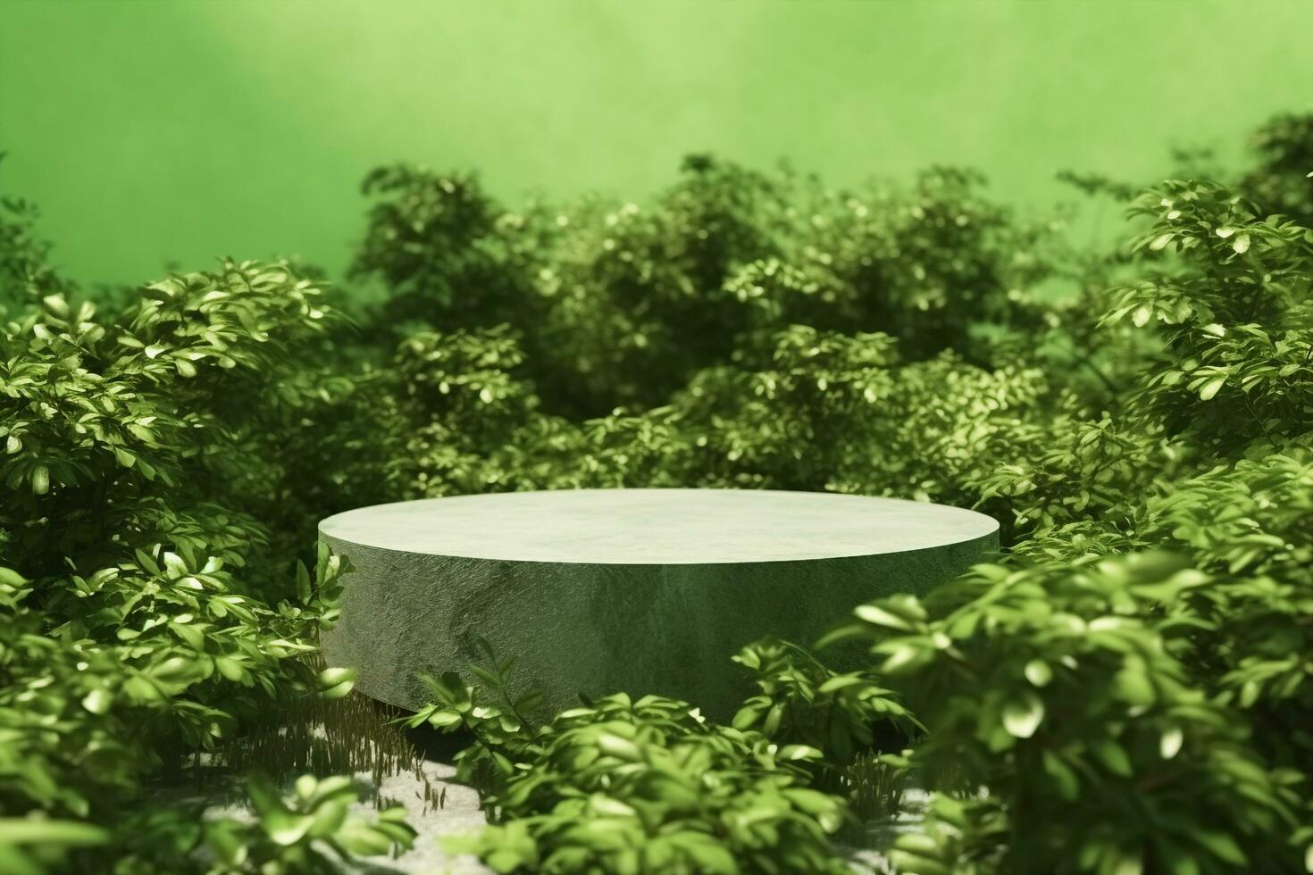 AI generated 3d render platform and Natural podium background on tropical forest for product display, Blank showcase, mock up template or cosmetic presentation with empty round stage. generative ai. photo