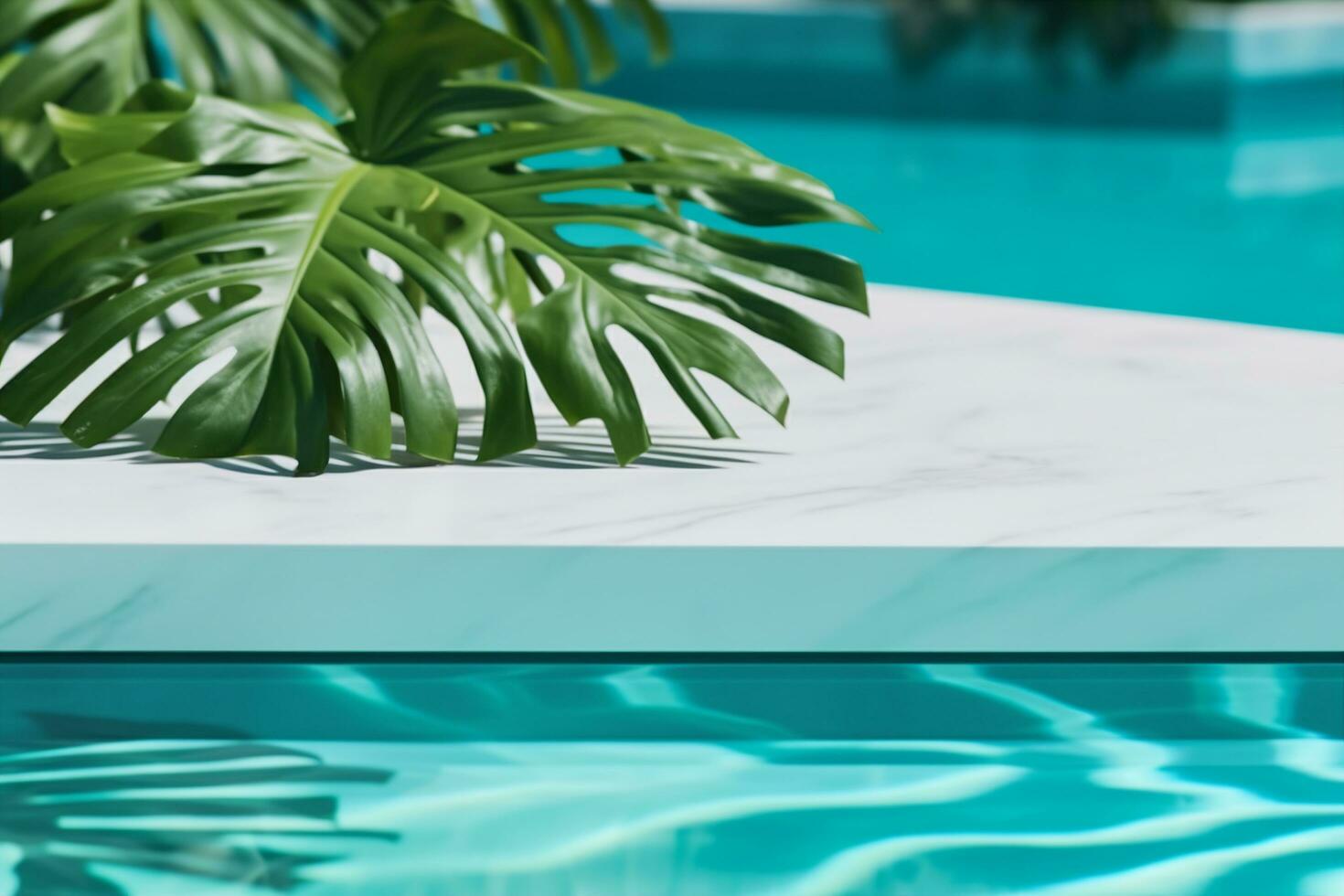 ai generado verano antecedentes con mármol podio en piscina agua y monstera hoja sombra. lujo hotel recurso para producto colocación. generativo ai. foto