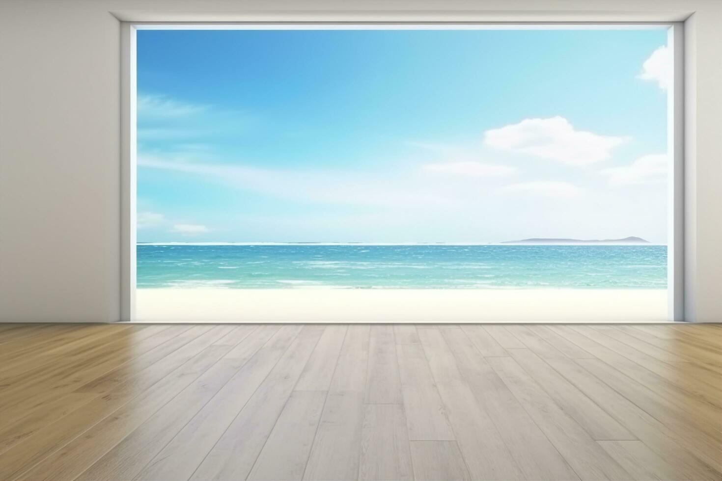 AI generated Sea view large living room of luxury summer beach house with empty wooden floor. Interior 3d illustration in vacation home or holiday villa. generativer ai. photo